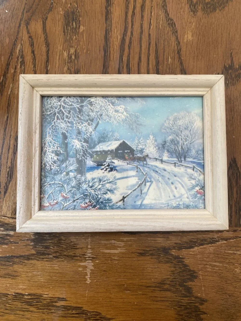 Vintage Robert Lasus Framed Winter Barn Scene Print